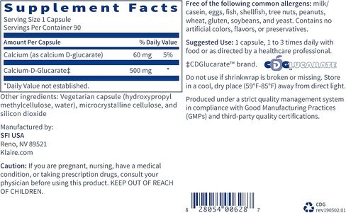 كالير لابس كالسيوم د-غلوكارات 500 ملغ - يدعم التمثيل الغذائي الصحي للإستروجين وإزالة السموم - مكمل دعم الكبد والتخلص من السموم - خالي من الغلوتين والخميرة ولا يسبب الحساسية (90 كبسولة) in Kuwait