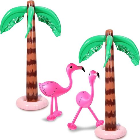 Set of 4 Inflatable Palm Trees and Beach Inflatable Pink Flamingo for Hawaiian Pool Summer Luau Party Decoration in Saudi Arabia