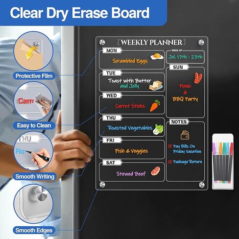 لوحة تقويم أسبوعية مغناطيسية من الأكريليك للثلاجة، لوحة قائمة مخططة أسبوعية شفافة مقاس 15 بوصة × 11 بوصة للمطبخ، لوحة بيضاء لتقويم المذكرات المحمولة لوضع قائمة لوحة تخطيط الثلاجة in Kuwait