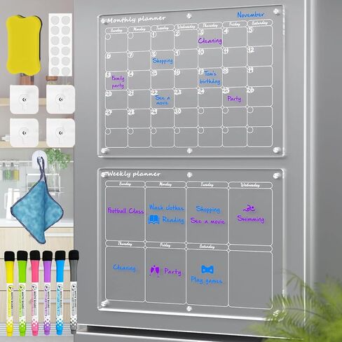 تقويم مغناطيسي أكريليك للثلاجة، ToBsoft 2 حزمة تقويم لوح مسح جاف شهري وأسبوعي، تقويم مغناطيسي للثلاجة يتضمن 6 علامات مسح جاف 6 ألوان، ممحاة مغناطيسية، خطاف، منشفة in Kuwait
