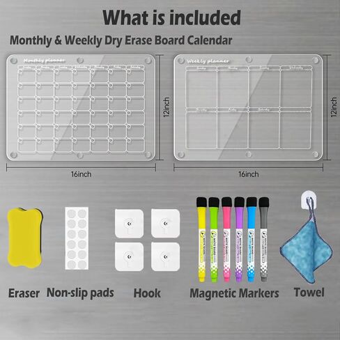 تقويم مغناطيسي أكريليك للثلاجة، ToBsoft 2 حزمة تقويم لوح مسح جاف شهري وأسبوعي، تقويم مغناطيسي للثلاجة يتضمن 6 علامات مسح جاف 6 ألوان، ممحاة مغناطيسية، خطاف، منشفة in Kuwait
