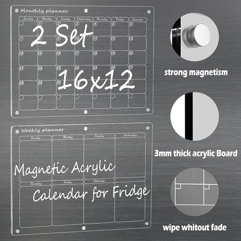 تقويم مغناطيسي أكريليك للثلاجة، ToBsoft 2 حزمة تقويم لوح مسح جاف شهري وأسبوعي، تقويم مغناطيسي للثلاجة يتضمن 6 علامات مسح جاف 6 ألوان، ممحاة مغناطيسية، خطاف، منشفة in Kuwait