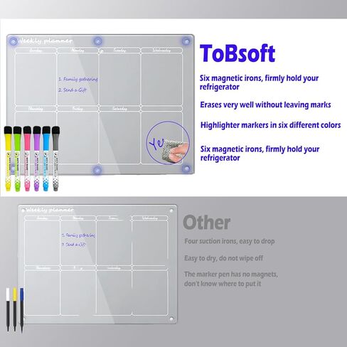 تقويم مغناطيسي أكريليك للثلاجة، ToBsoft 2 حزمة تقويم لوح مسح جاف شهري وأسبوعي، تقويم مغناطيسي للثلاجة يتضمن 6 علامات مسح جاف 6 ألوان، ممحاة مغناطيسية، خطاف، منشفة in Kuwait