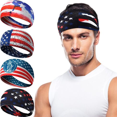 4 Pieces American Flag Sports Sweatbands Headband Elastic Headband Patriotic Hair Bands Unisex Wicking Sweatband for Men Women Exercise Sports Workout Running Walking Basketball in Saudi Arabia