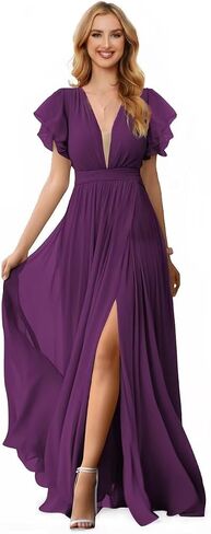 GREEKKNIGHT V Neck Bridesmaid Dresses for Wedding with Ruffle Sleeve Long Slit Chiffon Formal Evening Gown for Women in Saudi Arabia