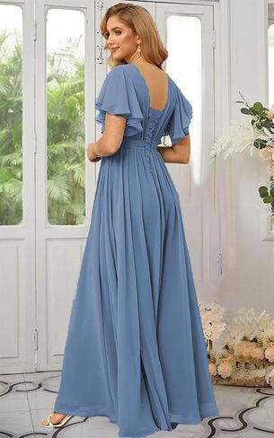 GREEKKNIGHT V Neck Bridesmaid Dresses for Wedding with Ruffle Sleeve Long Slit Chiffon Formal Evening Gown for Women in Saudi Arabia