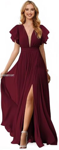GREEKKNIGHT V Neck Bridesmaid Dresses for Wedding with Ruffle Sleeve Long Slit Chiffon Formal Evening Gown for Women in Saudi Arabia