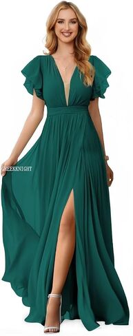 GREEKKNIGHT V Neck Bridesmaid Dresses for Wedding with Ruffle Sleeve Long Slit Chiffon Formal Evening Gown for Women in Saudi Arabia