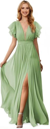 GREEKKNIGHT V Neck Bridesmaid Dresses for Wedding with Ruffle Sleeve Long Slit Chiffon Formal Evening Gown for Women in Saudi Arabia