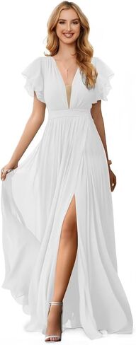 GREEKKNIGHT V Neck Bridesmaid Dresses for Wedding with Ruffle Sleeve Long Slit Chiffon Formal Evening Gown for Women in Saudi Arabia