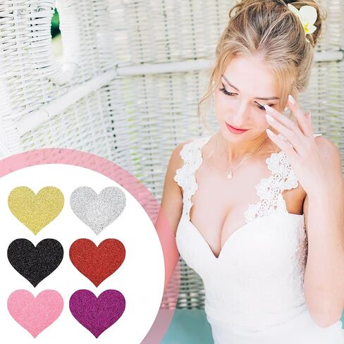 Sibba Breast Petals Covers 6 Pcs Heart Shaped Pasties Sticky Chest Patch Glitters Bra Pad Coverings Women Rhinestone Coverings No Show Padding Fit Festivals, Raves, Parties (Multicolor) in Saudi Arabia