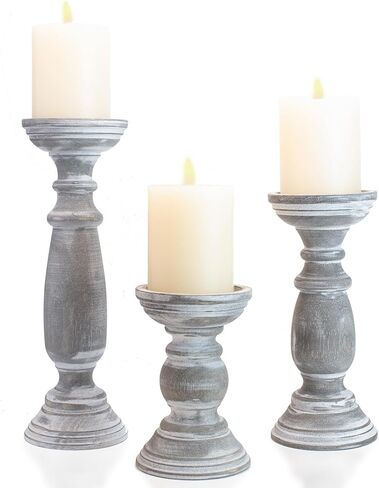 Farmhouse Wooden Candle Holders for Pillar Candles Set of 3, Rusitc Wood Candle Holder Table Centerpiece Decor, 12'' 9'' 6'' Vintage Tall Candle Stand Decorative,Rustic Grey in Kuwait
