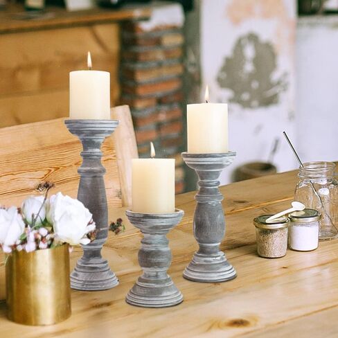 Farmhouse Wooden Candle Holders for Pillar Candles Set of 3, Rusitc Wood Candle Holder Table Centerpiece Decor, 12'' 9'' 6'' Vintage Tall Candle Stand Decorative,Rustic Grey in Kuwait