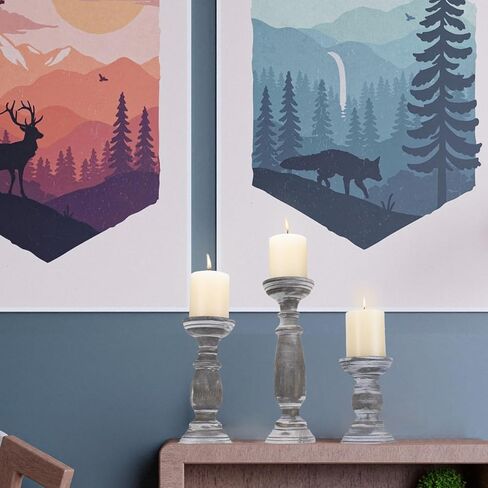 Farmhouse Wooden Candle Holders for Pillar Candles Set of 3, Rusitc Wood Candle Holder Table Centerpiece Decor, 12'' 9'' 6'' Vintage Tall Candle Stand Decorative,Rustic Grey in Kuwait