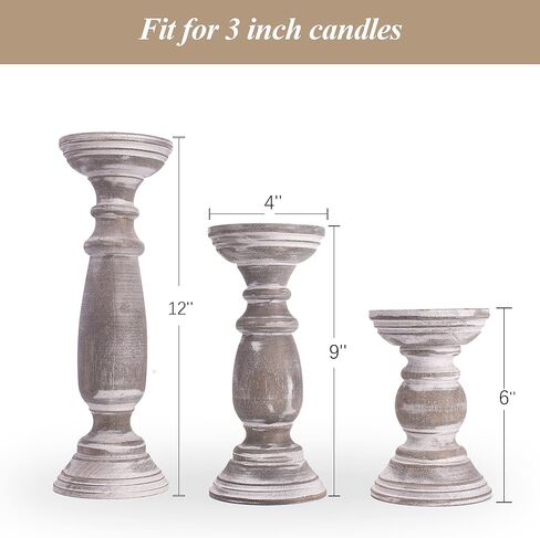Farmhouse Wooden Candle Holders for Pillar Candles Set of 3, Rusitc Wood Candle Holder Table Centerpiece Decor, 12'' 9'' 6'' Vintage Tall Candle Stand Decorative,Rustic Grey in Kuwait