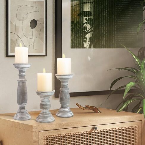 Farmhouse Wooden Candle Holders for Pillar Candles Set of 3, Rusitc Wood Candle Holder Table Centerpiece Decor, 12'' 9'' 6'' Vintage Tall Candle Stand Decorative,Rustic Grey in Kuwait