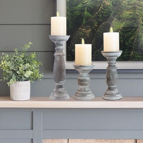 Farmhouse Wooden Candle Holders for Pillar Candles Set of 3, Rusitc Wood Candle Holder Table Centerpiece Decor, 12'' 9'' 6'' Vintage Tall Candle Stand Decorative,Rustic Grey in Kuwait