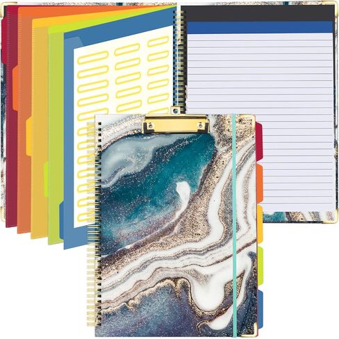 Spiral Clipboard Folio with Refillable Lined Notepad for Letter Size(11"x8.5"),Hardcover Clipboards with 5 Extra Plastic Color Storage Dividers with 10 Pockets,File Folder Labels (Blue-Marble) in Saudi Arabia