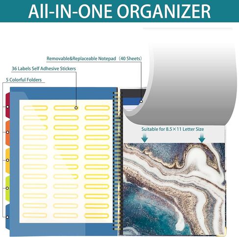 Spiral Clipboard Folio with Refillable Lined Notepad for Letter Size(11"x8.5"),Hardcover Clipboards with 5 Extra Plastic Color Storage Dividers with 10 Pockets,File Folder Labels (Blue-Marble) in Saudi Arabia