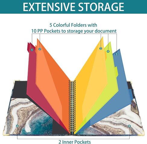 Spiral Clipboard Folio with Refillable Lined Notepad for Letter Size(11"x8.5"),Hardcover Clipboards with 5 Extra Plastic Color Storage Dividers with 10 Pockets,File Folder Labels (Blue-Marble) in Saudi Arabia