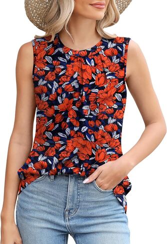 Micoson Women's Tank Tops Round Neck Pleated Sleeveless Shirts Summer Loose Fit Casual Top Business Blouses in Saudi Arabia