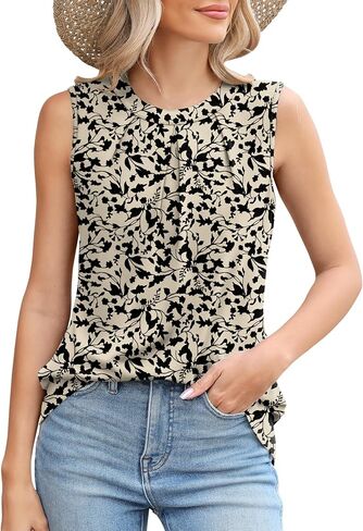Micoson Women's Tank Tops Round Neck Pleated Sleeveless Shirts Summer Loose Fit Casual Top Business Blouses in Saudi Arabia