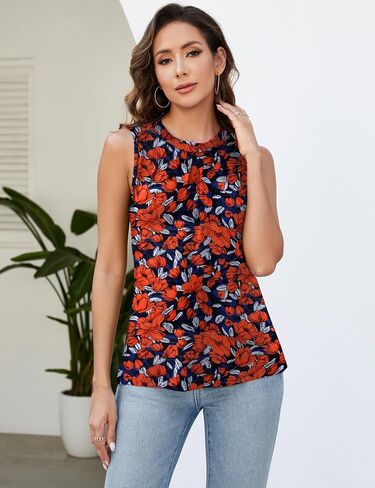 Micoson Women's Tank Tops Round Neck Pleated Sleeveless Shirts Summer Loose Fit Casual Top Business Blouses in Saudi Arabia