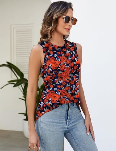 Micoson Women's Tank Tops Round Neck Pleated Sleeveless Shirts Summer Loose Fit Casual Top Business Blouses in Saudi Arabia
