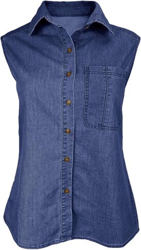 Orchidays Women's Denim Tank Top V Neck Button Down Collared Sleeveless Shirts Casual Blouse Tops in Kuwait