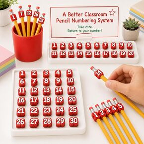 30 Pcs Numbered Pencil Toppers, Reusable Pencil Labels for Student Pencil Tracking, Teacher Supplies for Classroom Organization, School Classroom Supplies (Red, 30pcs) in Kuwait