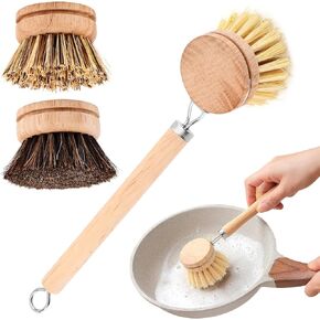 Bamboo Dish Brush with Handle,Natural Kitchen Brushes with 3pcs Replacement Heads, Horsehair, Sisal, Palm,All Purpose Kitchen Scrub Brush,Fruit and Veggie Brush Scrubber in Saudi Arabia