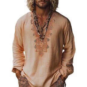 Mens Linen V Neck Henley Shirt Long Sleeve Caftan Hippie Tunic Top Vintage Embroidered Casual Beach Gauze T Shirts in Kuwait