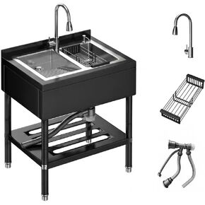 Heavy Duty Stainless Steel Utility Sink – 31.1" × 22" × 37.8" Freestanding with Hot/Cold Faucet, Drain Kit & Hoses – for Garage, Kitchen, Bathroom, Basement in Saudi Arabia