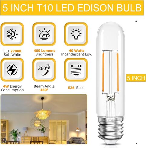 GvvooHome أنبوبي LED Edison Bulb Dimmable 2700K أبيض دافئ، 4W، ما يعادل 40 واط، مصابيح E26 LED، مصابيح T10 Edison للثريات، مروحة السقف، 90+CRI 400LM، 6 عبوات in Kuwait