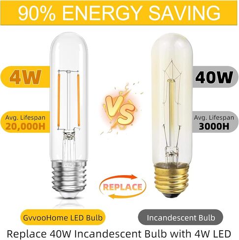 GvvooHome أنبوبي LED Edison Bulb Dimmable 2700K أبيض دافئ، 4W، ما يعادل 40 واط، مصابيح E26 LED، مصابيح T10 Edison للثريات، مروحة السقف، 90+CRI 400LM، 6 عبوات in Kuwait