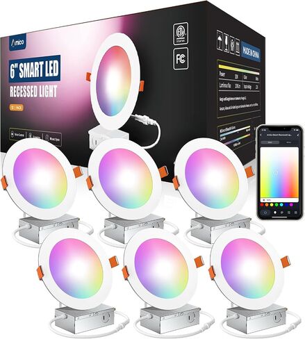 Amico 6 Pack 6 بوصة إضاءة LED ذكية مجوفة، إضاءة سفلية WiFi بدون صندوق توصيل، RGB & 2700-6500K تغيير اللون، 12W=110W 1000LM، التحكم بالصوت وجهاز التحكم عن بعد والمجموعة in Kuwait