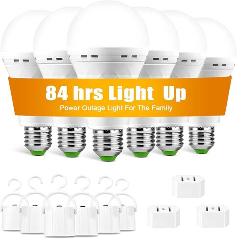 Rechargeable Emergency LED Light Bulbs, Light Up to 84 hrs, Battery Operated Light Bulb, Self-Charging Light Bulb 1500mAh Battery Backup Light Bulbs for Home Power Failure (E26 6 Pk Daylight) in Kuwait