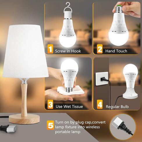 Rechargeable Emergency LED Light Bulbs, Light Up to 84 hrs, Battery Operated Light Bulb, Self-Charging Light Bulb 1500mAh Battery Backup Light Bulbs for Home Power Failure (E26 6 Pk Daylight) in Kuwait