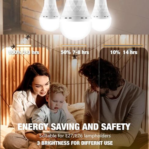 Rechargeable Emergency LED Light Bulbs, Light Up to 84 hrs, Battery Operated Light Bulb, Self-Charging Light Bulb 1500mAh Battery Backup Light Bulbs for Home Power Failure (E26 6 Pk Daylight) in Kuwait