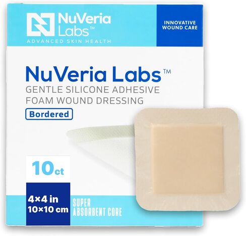 ضمادة إسفنجية من السيليكون بحدود من فئة المستشفيات من NuVeria Labs - ضمادة لاصقة لطيفة للعناية بالجروح، وسادة ماصة متعددة الطبقات، طبقة مقاومة للماء قابلة للتنفس، ضمادة مربعة معقمة 4x4 - 10 لكل صندوق in Kuwait
