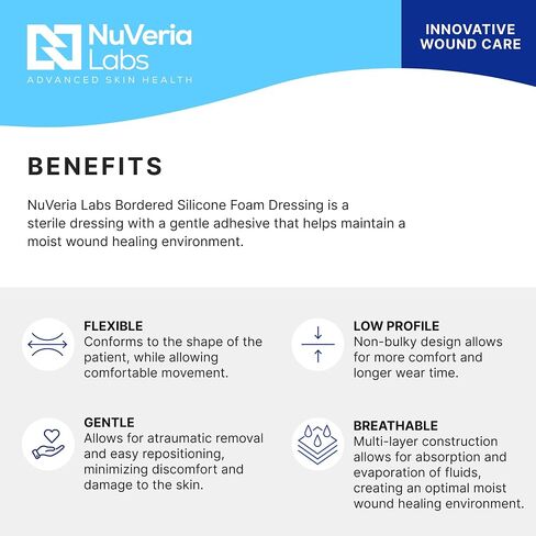 ضمادة إسفنجية من السيليكون بحدود من فئة المستشفيات من NuVeria Labs - ضمادة لاصقة لطيفة للعناية بالجروح، وسادة ماصة متعددة الطبقات، طبقة مقاومة للماء قابلة للتنفس، ضمادة مربعة معقمة 4x4 - 10 لكل صندوق in Kuwait