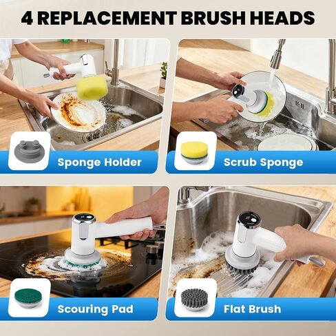 Electric Spin Scrubber for Scrub Daddy/Mommy, Goldusk 2-Speed Power Cleaning Brush with Digital Display 4 Replacement Brush Heads, Smiley Sponge Wand Handle Dish Wand for Sink/Griddle/Stove/Tub/Tile in Kuwait