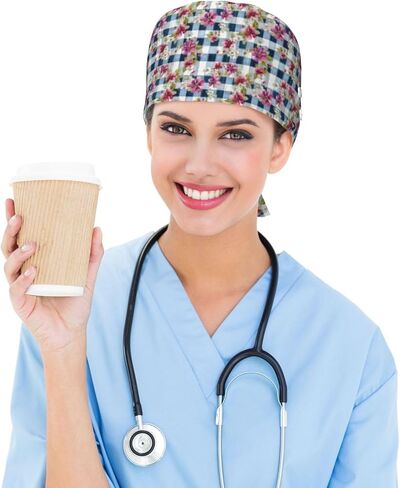 خمر القماش القطني زهرة طباعة قبعات فرك النساء الرجال، قابل للتعديل قبعة ممرضة الجراحية قبعات فرك القبعات للنساء الرجال، قبعة العمل مع أزرار لتعليق أقنعة الوجه in Kuwait