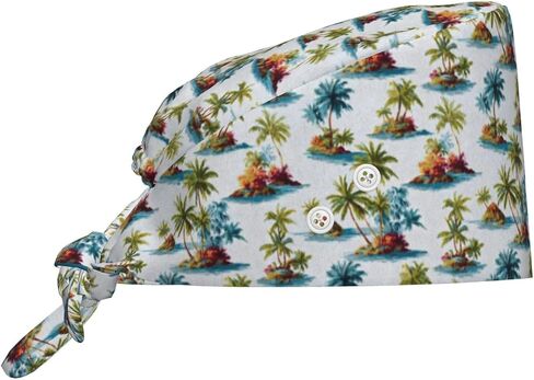 Tropical Island Scene Print Scrub Caps Women Men, Adjustable Nurse Cap Surgical Caps Scrub Hats for Women Men, Working Cap with Buttons for Hanging Face Masks Black in Kuwait