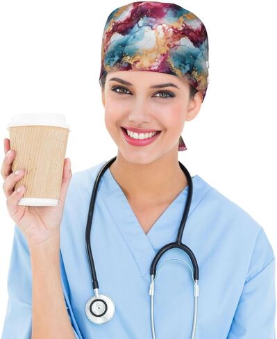 Colored Marble Pattern Print Scrub Caps Women Men, Adjustable Nurse Cap Surgical Caps Scrub Hats for Women Men, Working Cap with Buttons for Hanging Face Masks Black in Kuwait