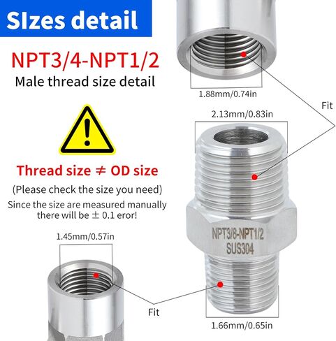 2 حزمة محول 3/8 إلى 1/2 ذكر، NPT3/8Male-NPT1/2 حلمة ذكر، تركيب أنابيب ملولبة للخدمة الشاقة، فولاذ مقاوم للصدأ 304. in Kuwait