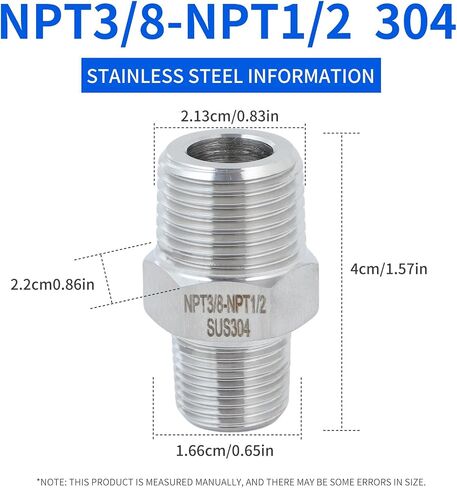 2 حزمة محول 3/8 إلى 1/2 ذكر، NPT3/8Male-NPT1/2 حلمة ذكر، تركيب أنابيب ملولبة للخدمة الشاقة، فولاذ مقاوم للصدأ 304. in Kuwait