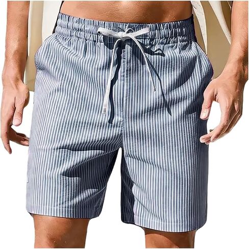 Men's Straight Leg Striped Shorts Elastic Waist Drawstring Shorts Casual Color Block Short for Summer Vacation Beach in Kuwait