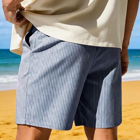 Men's Straight Leg Striped Shorts Elastic Waist Drawstring Shorts Casual Color Block Short for Summer Vacation Beach in Kuwait