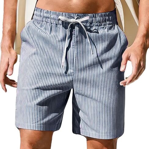 Men's Straight Leg Striped Shorts Elastic Waist Drawstring Shorts Casual Color Block Short for Summer Vacation Beach in Kuwait